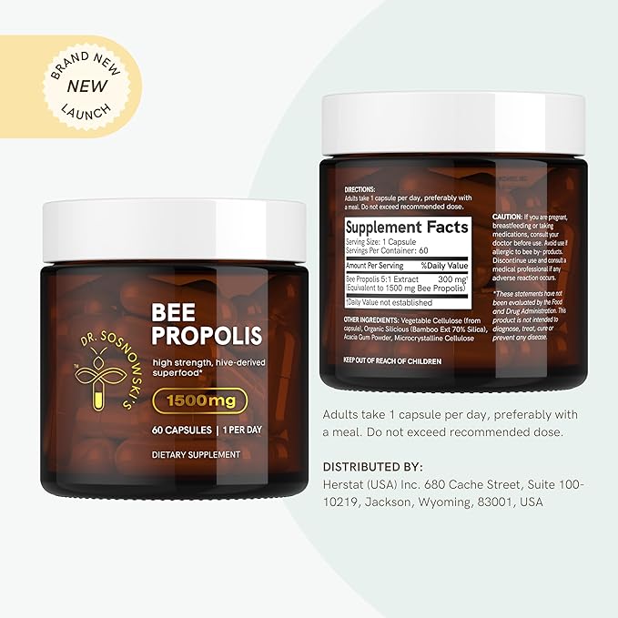 Dr Sosnowski's Bee Propolis | 1500mg High Potency | Hive-derived Superfood, Vegetable Capsules, 60ct