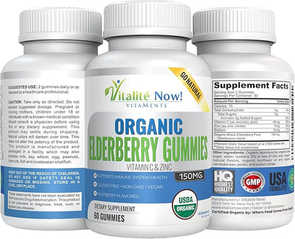 Organic Elderberry Gummies - USDA Certified - Vitamin C & Zinc - Chewable Sambucus - Immune System Support - Vegetarian & Vegan - Raspberry Flavored - Gluten Free - Non-GMO - 60 Count
