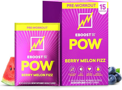 EBOOST POW Natural Pre Workout Powder - 15 Packets, Berry Melon Fizz - Preworkout Energy Booster Gym Supplement Drink Mix for Men and Women - Performance, Joint Mobility Support - Gluten-Free
