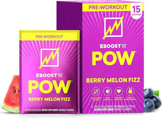 EBOOST POW Natural Pre Workout Powder - 15 Packets, Berry Melon Fizz - Preworkout Energy Booster Gym Supplement Drink Mix for Men and Women - Performance, Joint Mobility Support - Gluten-Free