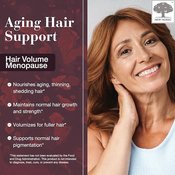 New Nordic Hair Volume Menopause, Supports Healthy Hair Growth During & After Menopause, Nourishes Mature Hair for Post-Menopausal Women, 30 Tablets