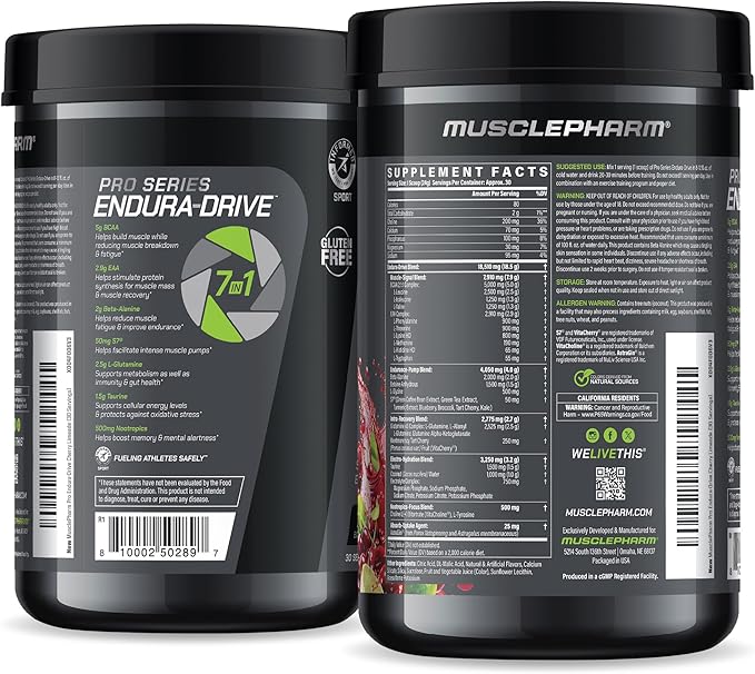 Muscle Pharm Pro Series Endura-Drive Pro-Grade Amino Acids Complex with Nootropics | Stim Free Intra Workout & Pre Workout Powder for Endurance & Recovery | Cherry Limeade, 1.6 lbs. 30 Servings