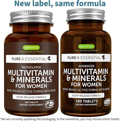 Igennus Methylated Women's Multivitamin, Methylated Folate for MTHFR, 21 Highly Bioavailable Nutrients, Clean Label & Sustained Release, with Iron, Non-GMO, Halal, 180 Vegan Tablets