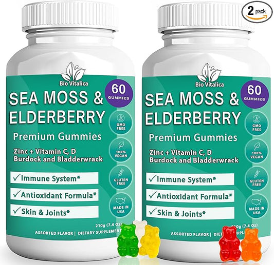 BIO VITALICA Sea Moss Gummies Elderberry BioVitalica - Vitamin C D + Zinc - Irish Seamoss Vegan Gummy with Sea Moss Gel & Powder for Immunity, Detox - for Adults and Kids (2Packs)
