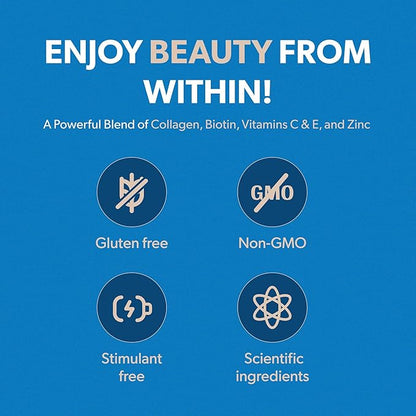 BIOMA Hair, Skin & Nails Beauty Gummies - Supports Growth & Strength with Biotin, Collagen, Zinc & Vitamins C & D - Gluten-Free - 60 Gummies (30-Day Supply)