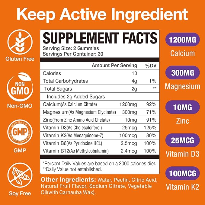 Calcium Citrate with Vitamin D3, K2, 1200mg Calcium Gummies with Magnesium Zinc, Extra Absorption Calcium Supplements for Women & Men Bone, Muscle & Immune Support, Fruit Flavor 120 Chewable Gummies