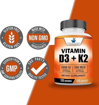 American Standard Supplements Vitamin D3 5000 IU (125mcg) Plus Vitamin K2 (MK7) 200mcg Per Capsule - Gluten Free, Non-GMO, 120 Capsules, 120 Servings, 120 Day Supply
