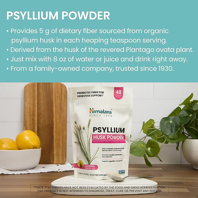 Himalaya Raspberry Lemon Psyllium Husk Powder, Daily Fiber Supplement for Digestive Health & Regularity, Sugar-Free, Gluten-Free, Vegan, No Artificial Colors, Easy-to-Mix, 12 oz (340 g)