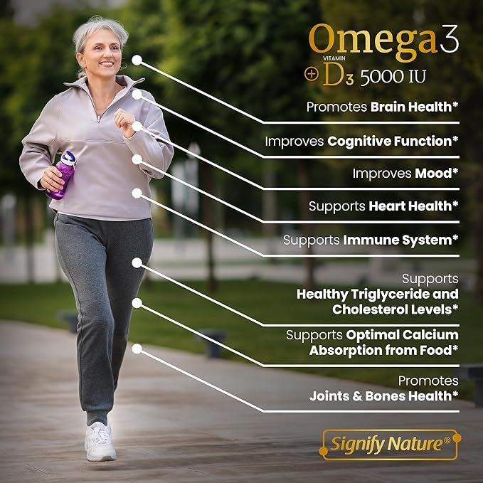 SIGNIFY NATURE Omega 3 Fish Oil Supplement with Vitamin D3 5000 IU - 1000mg Triglyceride Capsules for Brain Health - Omega3 EPA DHA + VIT D 3-90CT