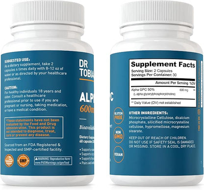 Dr. Tobias Alpha GPC 600mg Per Serving - Bioavailable Choline Supplements for Brain, Memory and Focus - Premium Nootropic Alpha GPC Choline Supplement, Vegan, Non-GMO, 60 Capsules, 30 Servings