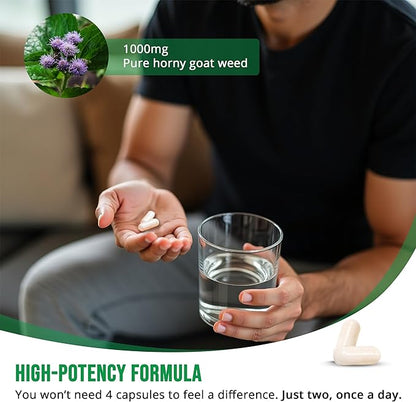 PHARMS Hornygoatweed for Men & Women (1,000 mg) - Energy & Stamina Capsules with Maca Root, Tribulus, Tongkat Ali, Saw Palmetto & Ginseng - Female & Male Performance Enhancing Supplement - 60 Capsules