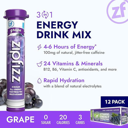 Zipfizz Daily Energy Drink Powder, Grape, 12 Pack | 3-in-1 Sustained Energy, Rapid Hydration, and Essential Vitamins | Sugar-Free | Electrolyte Powder | Contains Vitamin B-12 & Antioxidants