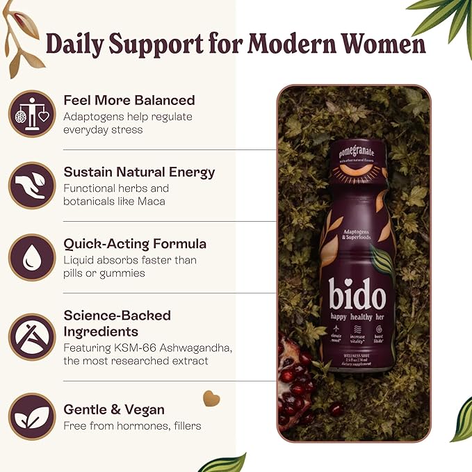 Bido | Women's Wellness Drink | Herbal Formula for Women: Ashwagandha KSM-66, Maca, Ginseng, Damiana & More | 15:1 Female Supplement for Mood, Vitality & Hormone Balance Support | Pomegranate, 15-pack