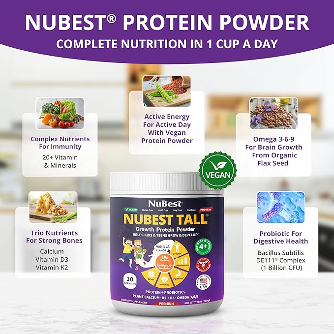 NuBest Protein Powder - Vanilla Plant Based Protein - Vegan Protein Powder for Kids & Teens - Healthy & Immunity with Probiotics, Omega 3-6-9, Vitamin D3 + K2, Calcium & Vitamins - 10 Servings