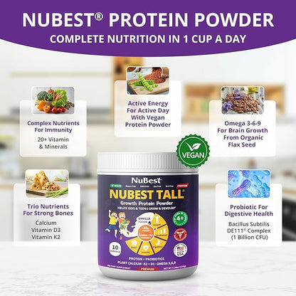 NuBest Tall Protein Powder for Kids & Teens - Vegan Vanilla Protein Powder Shake with Organic Red Algae Calcium, Probiotics, Omega 3-6-9, Vitamin D3 + K2 & Magnesium from Marine Algae - Pack 3