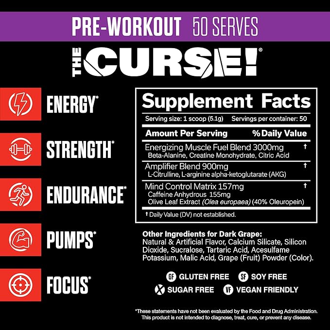JNX SPORTS The Curse! Pre Workout Powder for Men & Women, Caffeine, Beta-Alanine, Creatine, L-Citrulline, 50 Servings, Dark Grape Flavor – Boost Energy, Strength & Focus