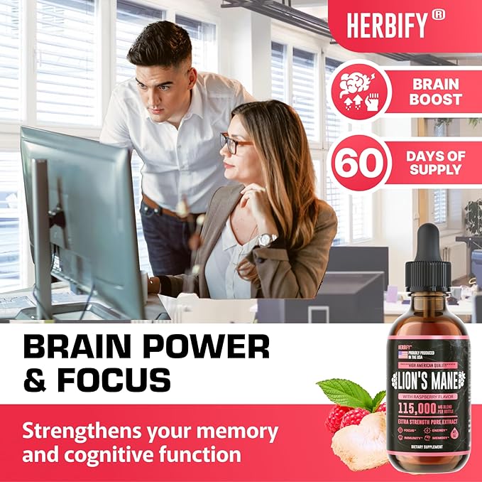 Lions Mane Supplement - Daily Mushroom Supplement for Memory, Focus & Clarity - Brain Booster - Lions Mane Tincture for Natural Immune Support - 4 Fl Oz Raspberry Flavor