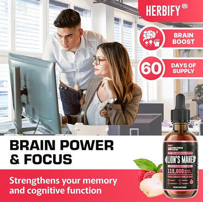 Lions Mane Supplement - Daily Mushroom Supplement for Memory, Focus & Clarity - Brain Booster - Lions Mane Tincture for Natural Immune Support - 4 Fl Oz Raspberry Flavor