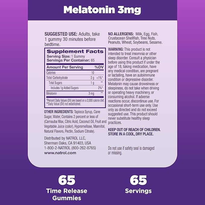 Natrol Time Release Melatonin Gummies, Sleep Support for Adults, 3 mg Melatonin Supplements for Sleep Support, 65 Strawberry-Flavored Gummies, Up to a 65 Day Supply