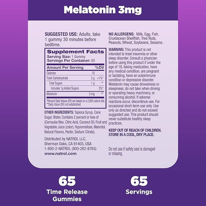Natrol Time Release Melatonin Gummies, Sleep Support for Adults, 3 mg Melatonin Supplements for Sleep Support, 65 Strawberry-Flavored Gummies, Up to a 65 Day Supply