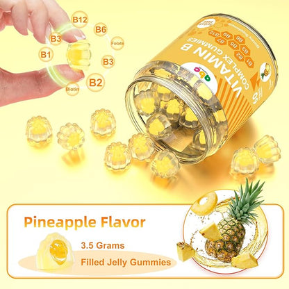 Vitamin B Complex Gummies for Adult Kid-Pineapple Flavor-Chewable Supplement with 8 Essential B Vitamins (B1, B2, B3, B5, B6, B7, B9, B12) Supports Energy, Metabolism & Mood,Non GMO,Vegan 60 Count
