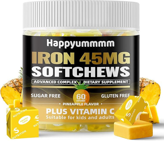 Iron Soft Chews Supplement with Vitamin C | Pineapple Flavored | Gluten Free | Iron Supplement for Women Men and Kids | 60 Count | 2 Month Supply