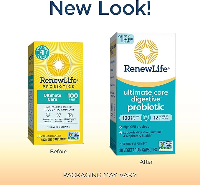 Renew Life Ultimate Care Probiotic Capsules, Daily Supplement Supports Respiratory, Digestive and Immune Health, L. Rhamnosus GG, Dairy, Soy and gluten-free, 100 Billion CFU, 30 Count