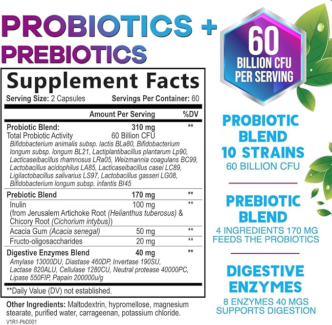 Daily Probiotic for Women & Men 60 Billion CFU 10 Strains Supplement Lactobacillus Probiotics - Digestive Gut & Immune Health Support - Supports Occasional Constipation, Gas & Bloating - 120 Capsules