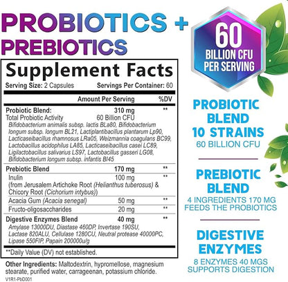 Daily Probiotic for Women & Men 60 Billion CFU 10 Strains Supplement Lactobacillus Probiotics - Digestive Gut & Immune Health Support - Supports Occasional Constipation, Gas & Bloating - 120 Capsules