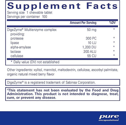 Pure Encapsulations Digestive Enzyme Chewables | Chewable Enzyme Blend to Support Protein, Carbohydrate, Fiber, and Dairy Digestion | 100 Chewable Tablets