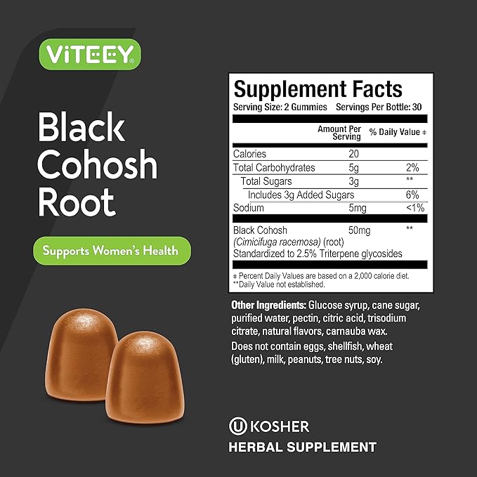 Viteey Black Cohosh for Menopause for Women - Hot Flashes and Night Sweats Relief Supplements - Black Cohosh Root - Vegan, Gelatin Free, Gluten Free, GMO Free - Tasty Chewable Peach Flavored Gummy