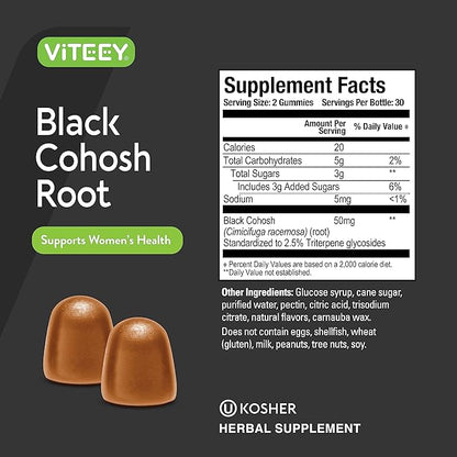 Viteey Black Cohosh for Menopause for Women - Hot Flashes and Night Sweats Relief Supplements - Black Cohosh Root - Vegan, Gelatin Free, Gluten Free, GMO Free - Tasty Chewable Peach Flavored Gummy