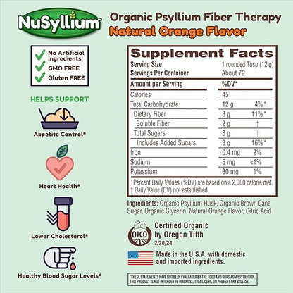 Psyllium Husk Powder, USDA Organic, 30.5 Oz, Dietary Fiber Supplement with Brown Sugar, Helps Digestive Health* Natural Orange, 72 Servings