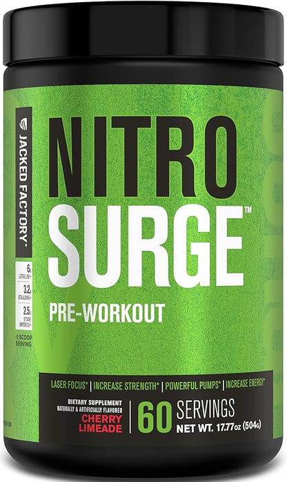 Jacked Factory NITROSURGE Pre Workout Supplement - Endless Energy, Instant Strength Gains, Clear Focus, Intense Pumps - Nitric Oxide Booster & Preworkout Energy Powder - 60 Servings, Cherry Limeade