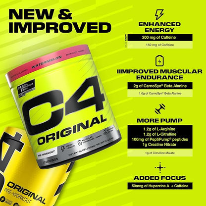 Cellucor C4 Original Pre Workout Powder Sugar Free for Men & Women 200mg Caffeine + CarnoSyn Beta-Alanine + Creatine + AI Peptides - Watermelon, 30 Servings