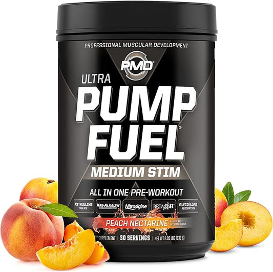 PMD Sports Ultra Pump Fuel - Pre Workout Drink Mix - Energy, Strength, Endurance, Recovery - Complex Carbohydrates and Amino Energy-Peach Nectarine (30 Servings)