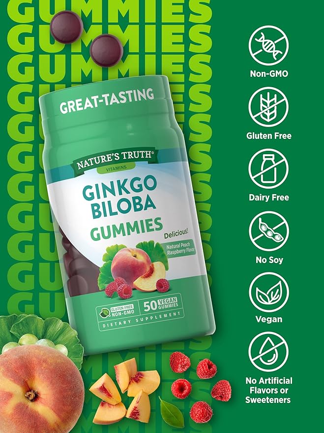 Nature's Truth Ginkgo Biloba Gummies | 100mg | 50 Count | Peach Raspberry Flavor | Vegan, Non-GMO & Gluten Free Extract Supplement