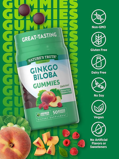 Nature's Truth Ginkgo Biloba Gummies | 100mg | 50 Count | Peach Raspberry Flavor | Vegan, Non-GMO & Gluten Free Extract Supplement