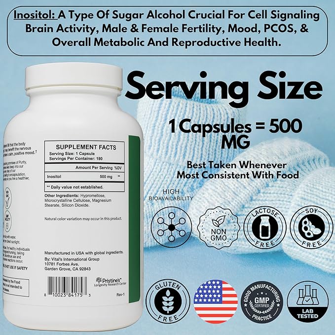 PRISTINE'S Myo Inositol PCOS Supplement Capsules - 500mg 180 Day Supply - Healthy Hormonal, Ovarian & Fertility Support Supplements - Vegan, Gluten Free, Non GMO