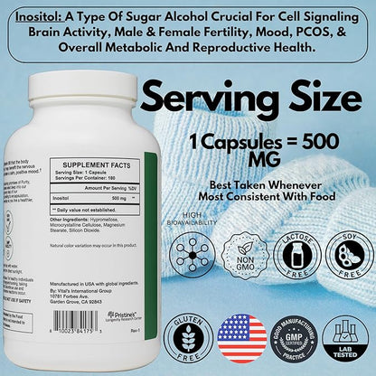 PRISTINE'S Myo Inositol PCOS Supplement Capsules - 500mg 180 Day Supply - Healthy Hormonal, Ovarian & Fertility Support Supplements - Vegan, Gluten Free, Non GMO