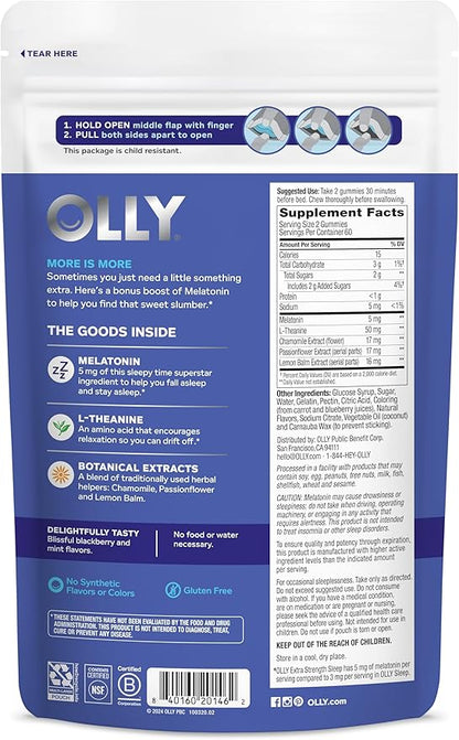 OLLY Extra Strength Sleep Gummy, 5 mg Melatonin, L-Theanine, Chamomile, Lemon Balm Extracts, Sleep Aid, BlackBerry Flavor - 120 Count