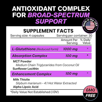 1000mg Glutathione for Immune Support - 100mg Absorption Complex - Reduced Liposomal Glutathione Supplement with Alpha Lipoic Acid - Brain Booster, Glowing Skin, Liver Support, 120 Vegetarian Capsules