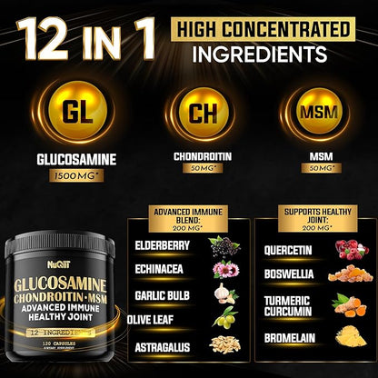 Glucosamine Chondroitin MSM with Immune & Joint Support Supplement 2000mg - Turmeric Curcumin Root, Boswellia, Elderberry, Echinacea & More - 120 Capsules - Bone Health, Flexibility & Strength Support