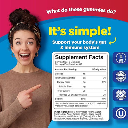 Fiber Gummies for Adults - Chicory Root Supplement with Prebiotic Support for Gut & Digestive Health - Soluble Digestion Capsules for Stomach Regulation & Immune Aid - Sugar Free & Vegan - 120 Count