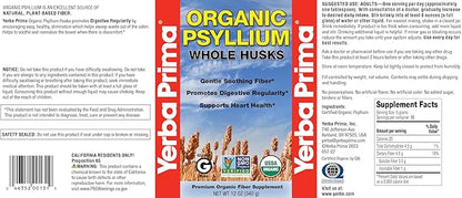 Yerba Prima Organic Psyllium Whole Husks 12 oz - Natural Dietary Fiber Supplement, Non GMO, Gluten Free, Keto and Vegan Friendly for Regularity Support, Unflavored