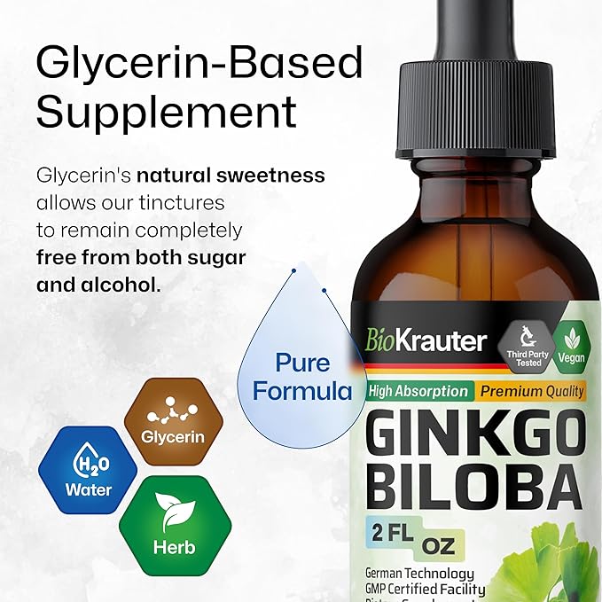BIO KRAUTER Ginkgo Biloba Extract - Liquid Ginkgo Biloba Supplements for Brain - Vegan, Alcohol & Sugar Free - 2 Fl Oz