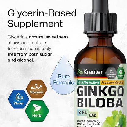 BIO KRAUTER Ginkgo Biloba Extract - Liquid Ginkgo Biloba Supplements for Brain - Vegan, Alcohol & Sugar Free - 2 Fl Oz