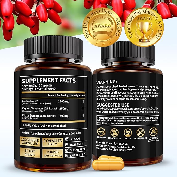 Premium Berberine Supplement Supports AMPK Metabolic, Liposomal Berberine with Ceylon Cinnamon - Classic 1500mg Formula for Healthy Metabolism & Weigh*t - 3X Absorption - Vegan, Non-GMO, 120 Count