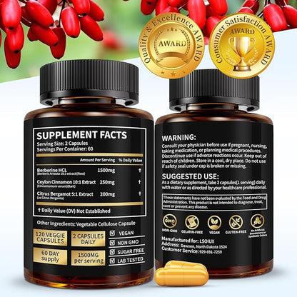 Premium Berberine Supplement Supports AMPK Metabolic, Liposomal Berberine with Ceylon Cinnamon - Classic 1500mg Formula for Healthy Metabolism & Weigh*t - 3X Absorption - Vegan, Non-GMO, 120 Count