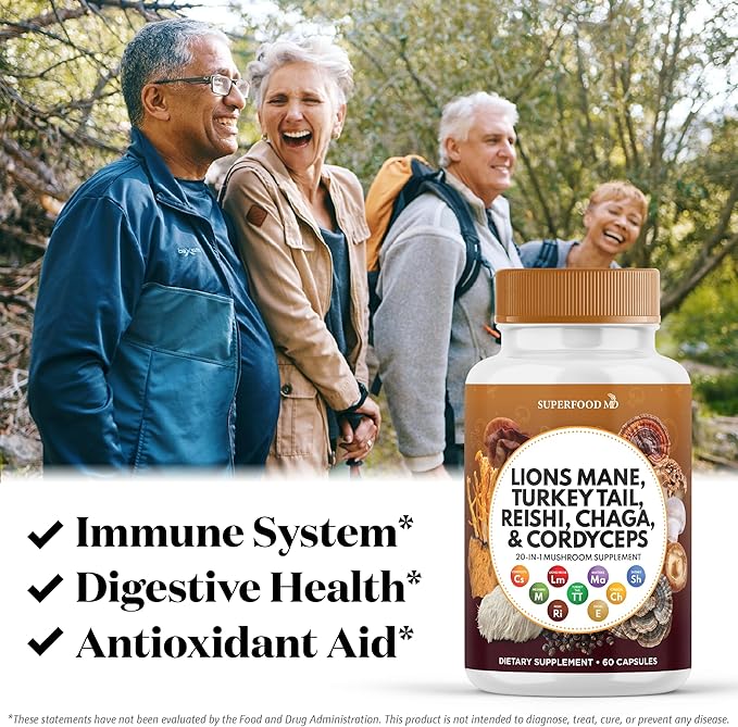 Lions Mane Mushroom Supplement with Turkey Tail Reishi Cordyceps Chaga with Marshmallow Root - 180 Count